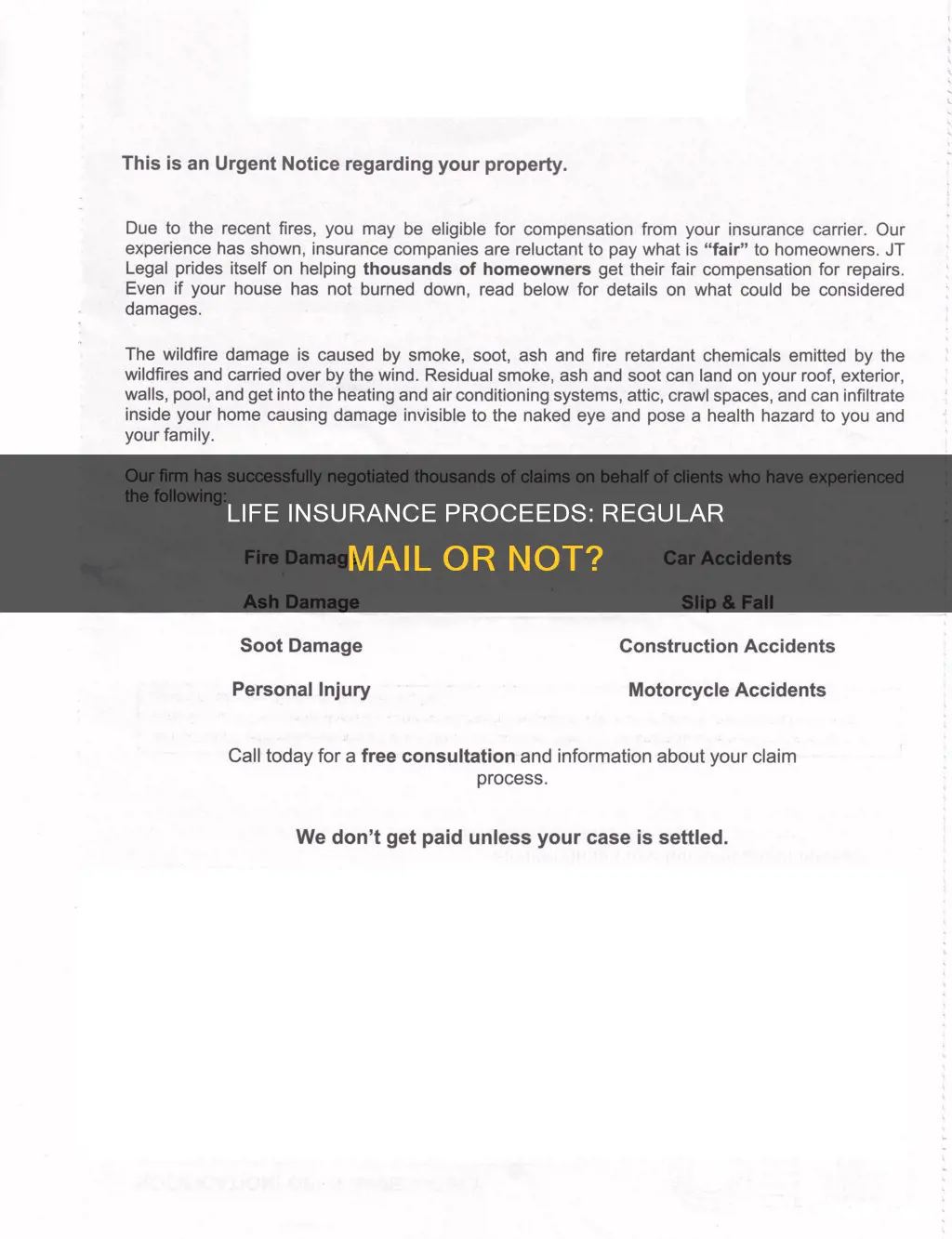 are life insurance proceeds mailed through regular mail