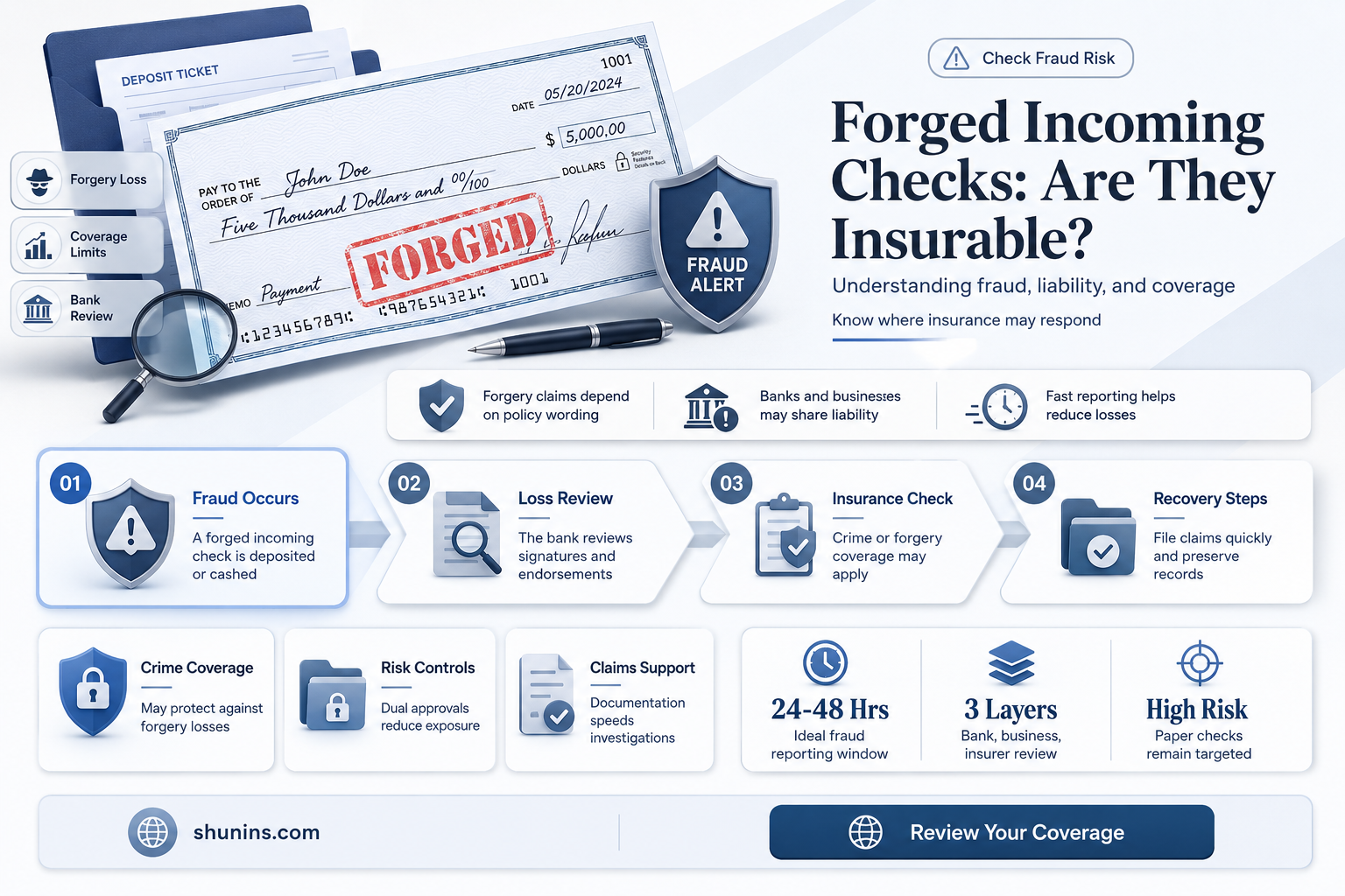 are forged incoming checks insurable