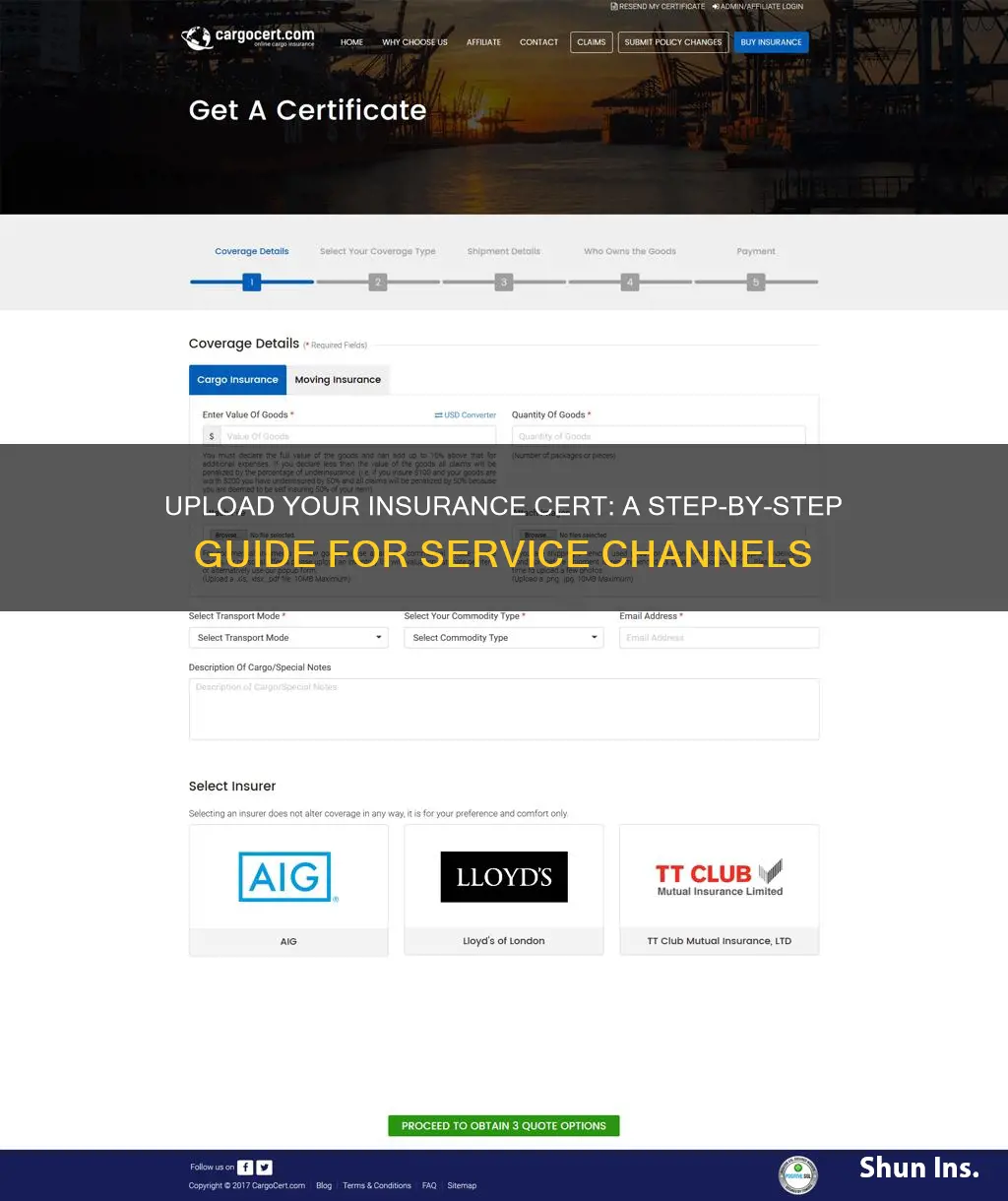 how to upload certificate of insurance cert onto service channel