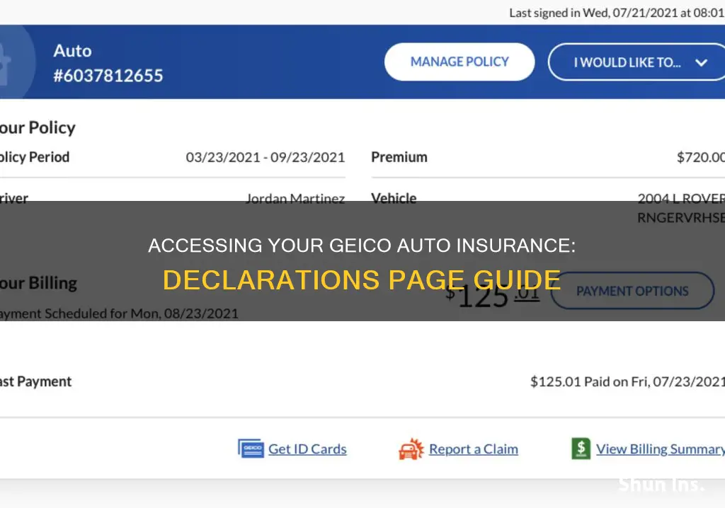 how to view declarations page for geico auto insurance