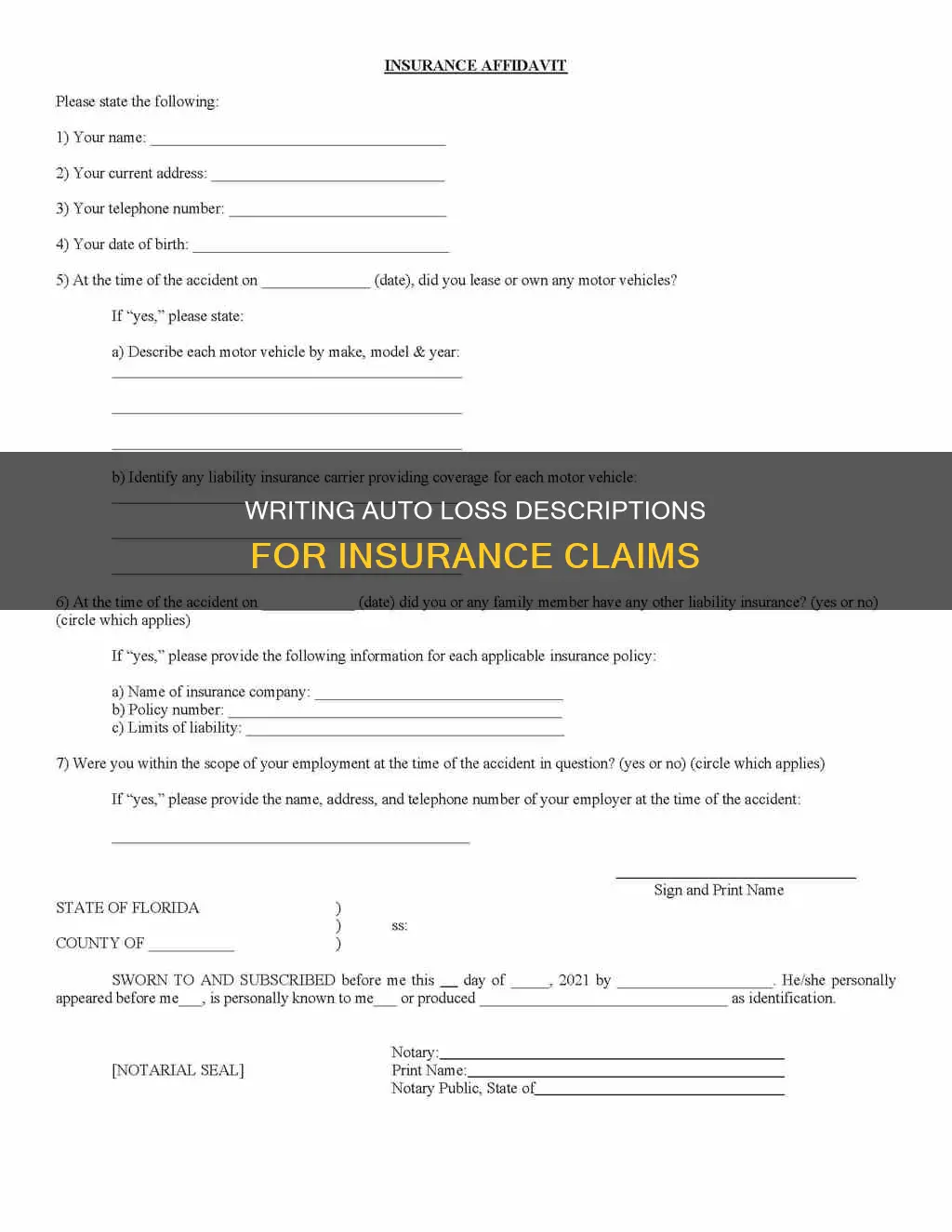 how to write description of auto loss for insurance claim