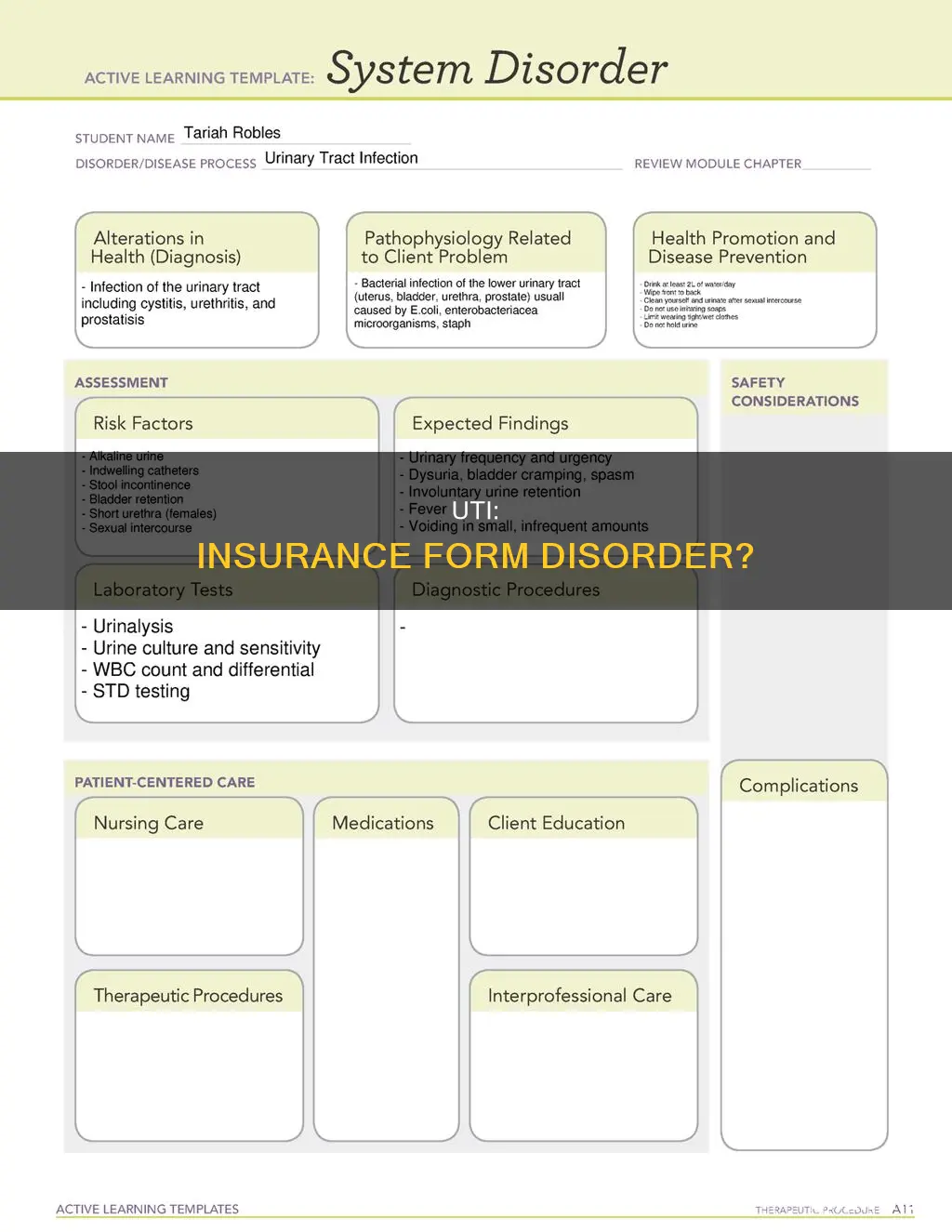 is a uti considered a disorder on an insurance form