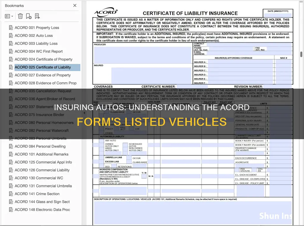 what acord form lists autos to be insured