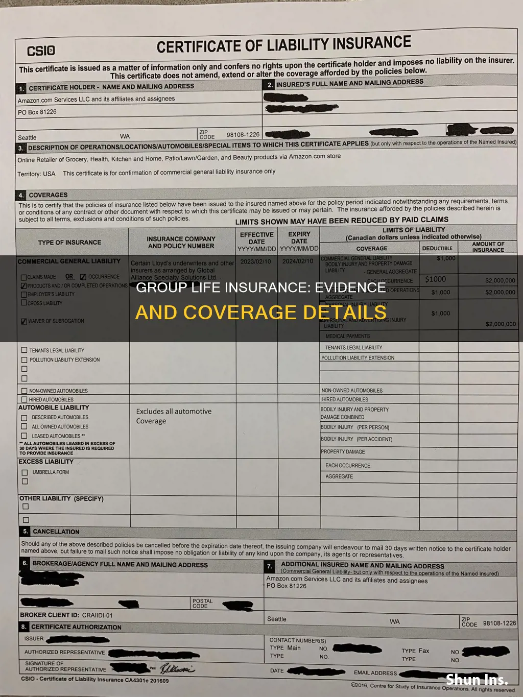 what is the evidence of group life insurance coverage