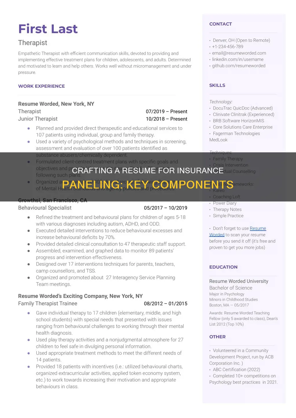 what to include on resume for insurance paneling private practice